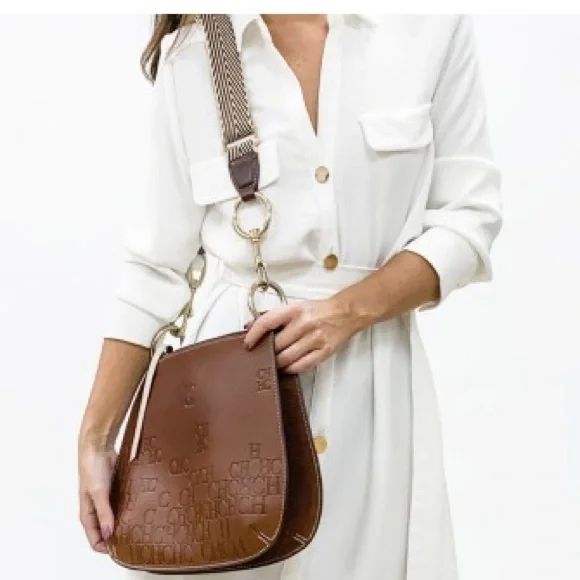 Carolina Herrera Castañuela Brown Logo Crossbody Reversible Bag - Picture 1 of 16
